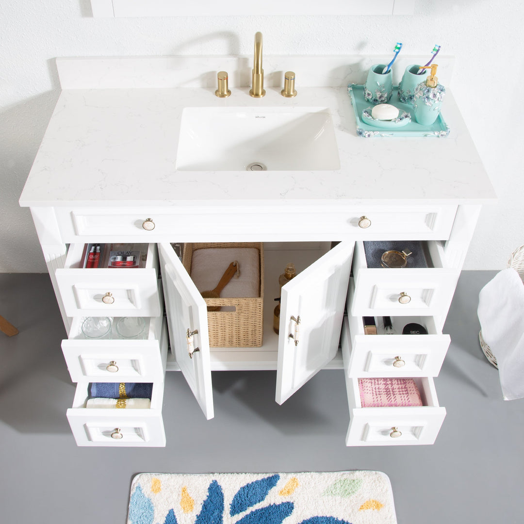 48" White Single Sink Freestanding Solid Wood Bathroom Vanity Storage Organizer with Carrara White Quartz Countertop