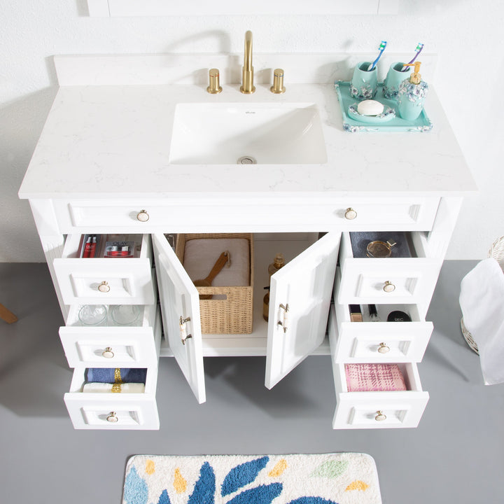 48" White Single Sink Freestanding Solid Wood Bathroom Vanity Storage Organizer with Carrara White Quartz Countertop