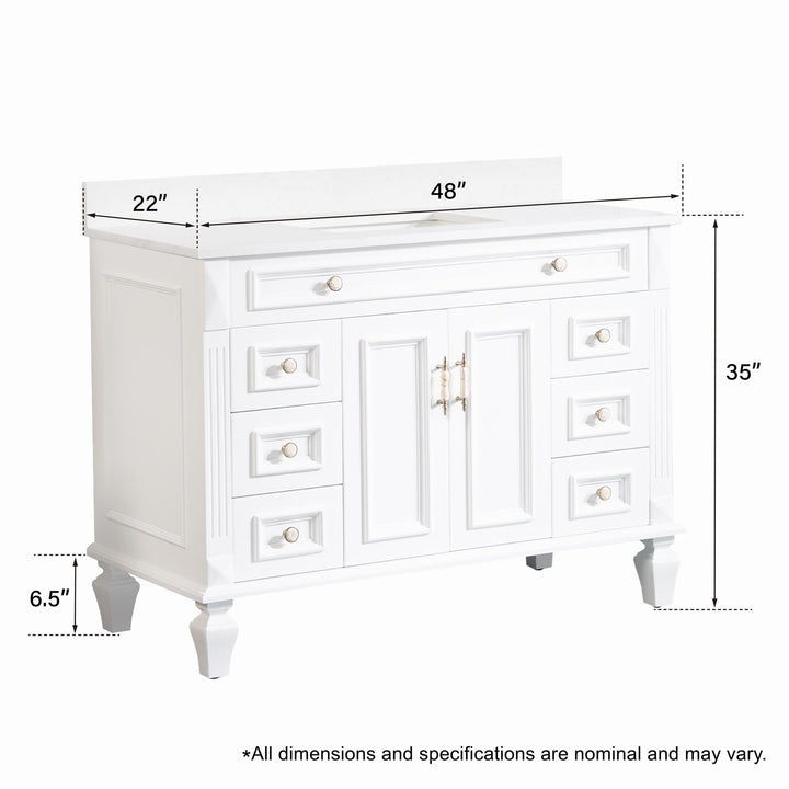 48 in. White Single Sink Freestanding Solid Wood Bathroom Vanity Storage Organizer with Carrara White Quartz Countertop