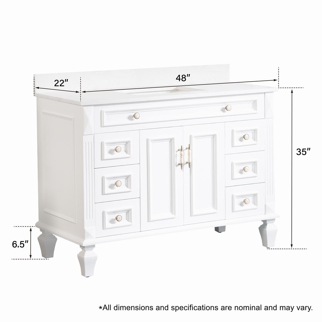 48" White Single Sink Freestanding Solid Wood Bathroom Vanity Storage Organizer with Carrara White Quartz Countertop