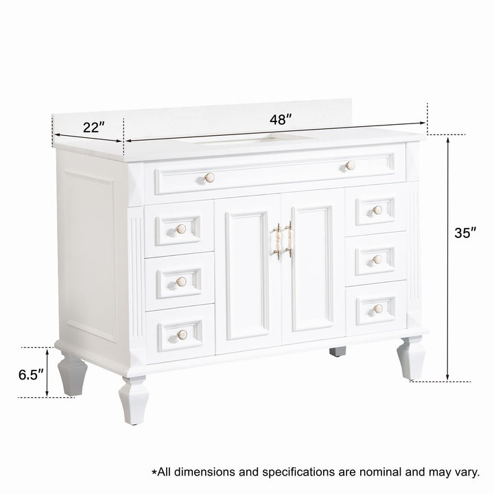 48" White Single Sink Freestanding Solid Wood Bathroom Vanity Storage Organizer with Carrara White Quartz Countertop