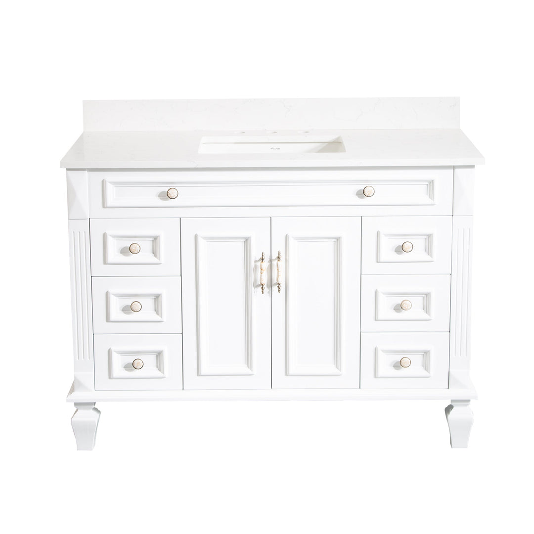 48" White Single Sink Freestanding Solid Wood Bathroom Vanity Storage Organizer with Carrara White Quartz Countertop