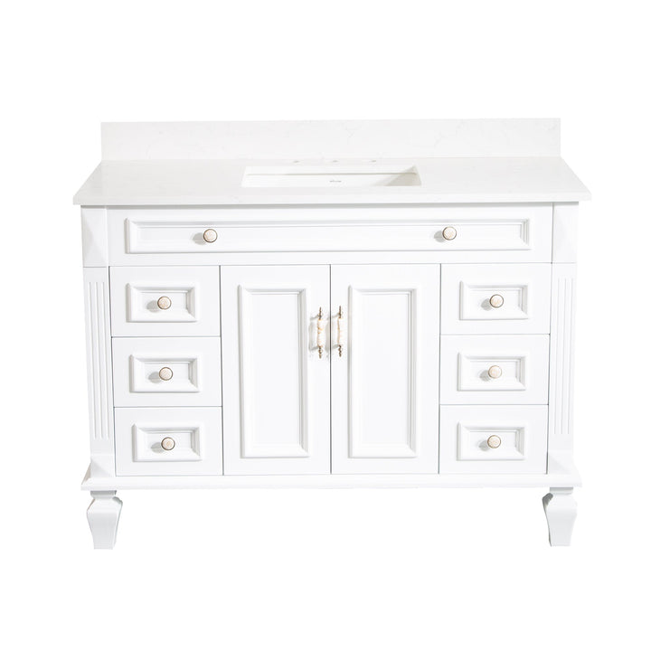 48" White Single Sink Freestanding Solid Wood Bathroom Vanity Storage Organizer with Carrara White Quartz Countertop