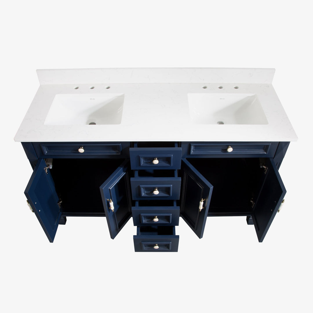 60 in. Navy Blue Freestanding Solid Wood Bathroom Vanity Storage Organizer with Carrara White Quartz Countertop