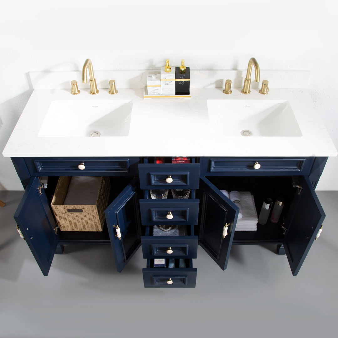 60 in. Navy Blue Freestanding Solid Wood Bathroom Vanity Storage Organizer with Carrara White Quartz Countertop