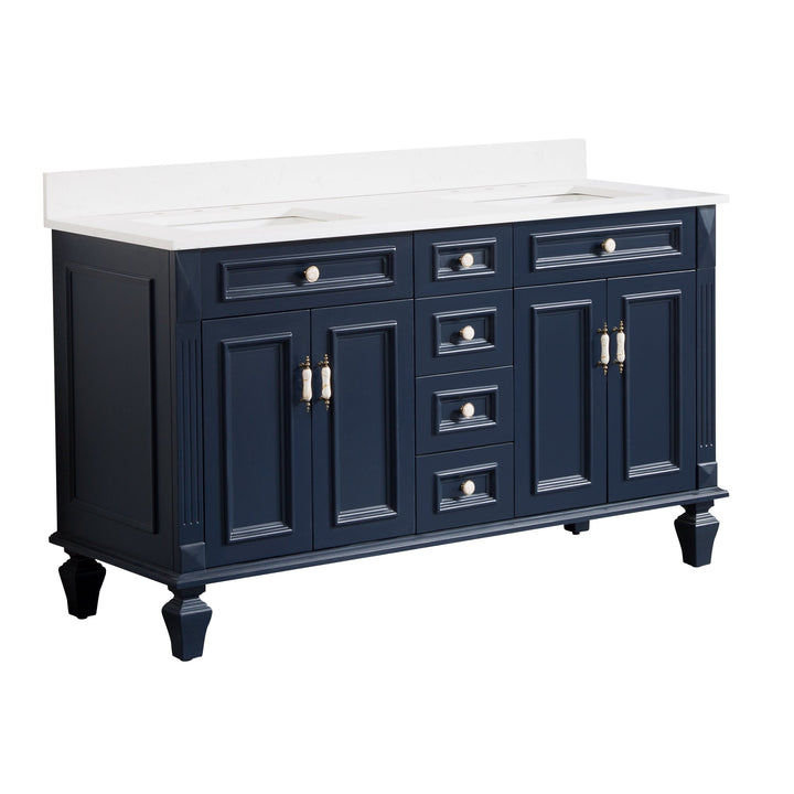 60 in. Navy Blue Freestanding Solid Wood Bathroom Vanity Storage Organizer with Carrara White Quartz Countertop