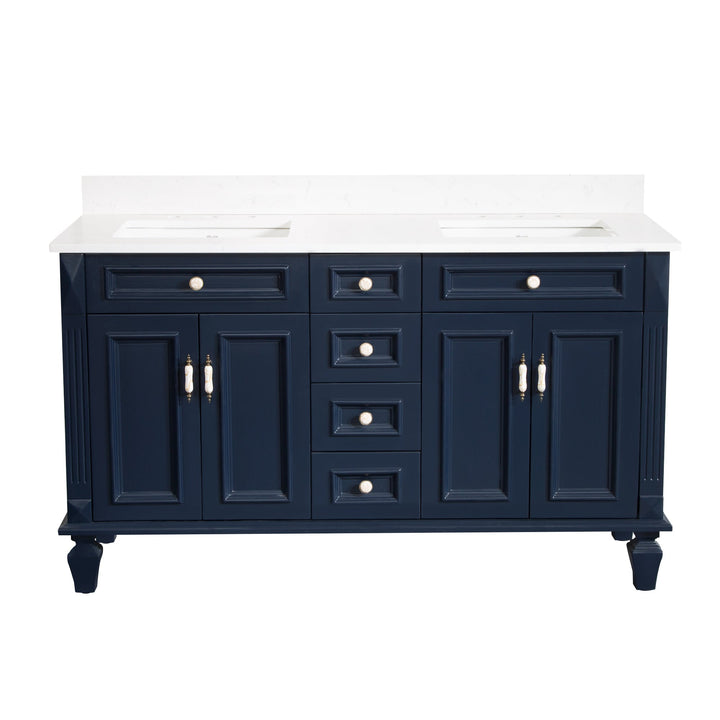 60" Navy Blue Freestanding Solid Wood Bathroom Vanity Storage Organizer with Carrara White Quartz Countertop