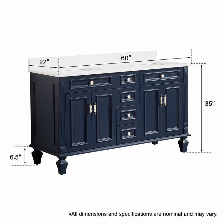 60 in. Navy Blue Freestanding Solid Wood Bathroom Vanity Storage Organizer with Carrara White Quartz Countertop