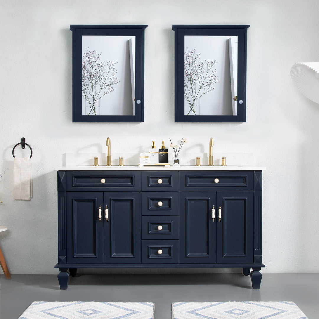 60" Navy Blue Freestanding Solid Wood Bathroom Vanity Storage Organizer with Carrara White Quartz Countertop