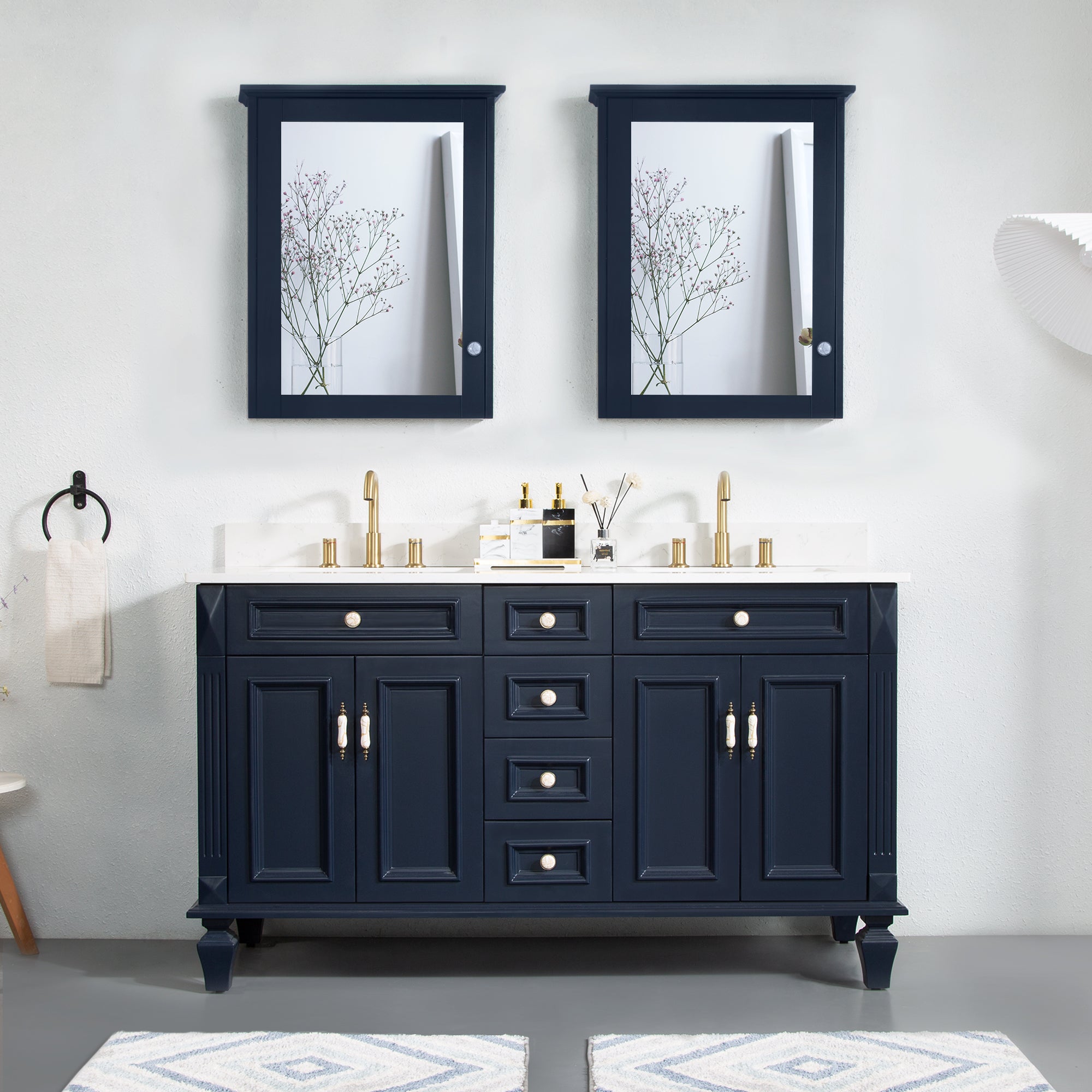 60 in. Navy Blue Freestanding Solid Wood Bathroom Vanity Storage Organizer with Carrara White Quartz Countertop