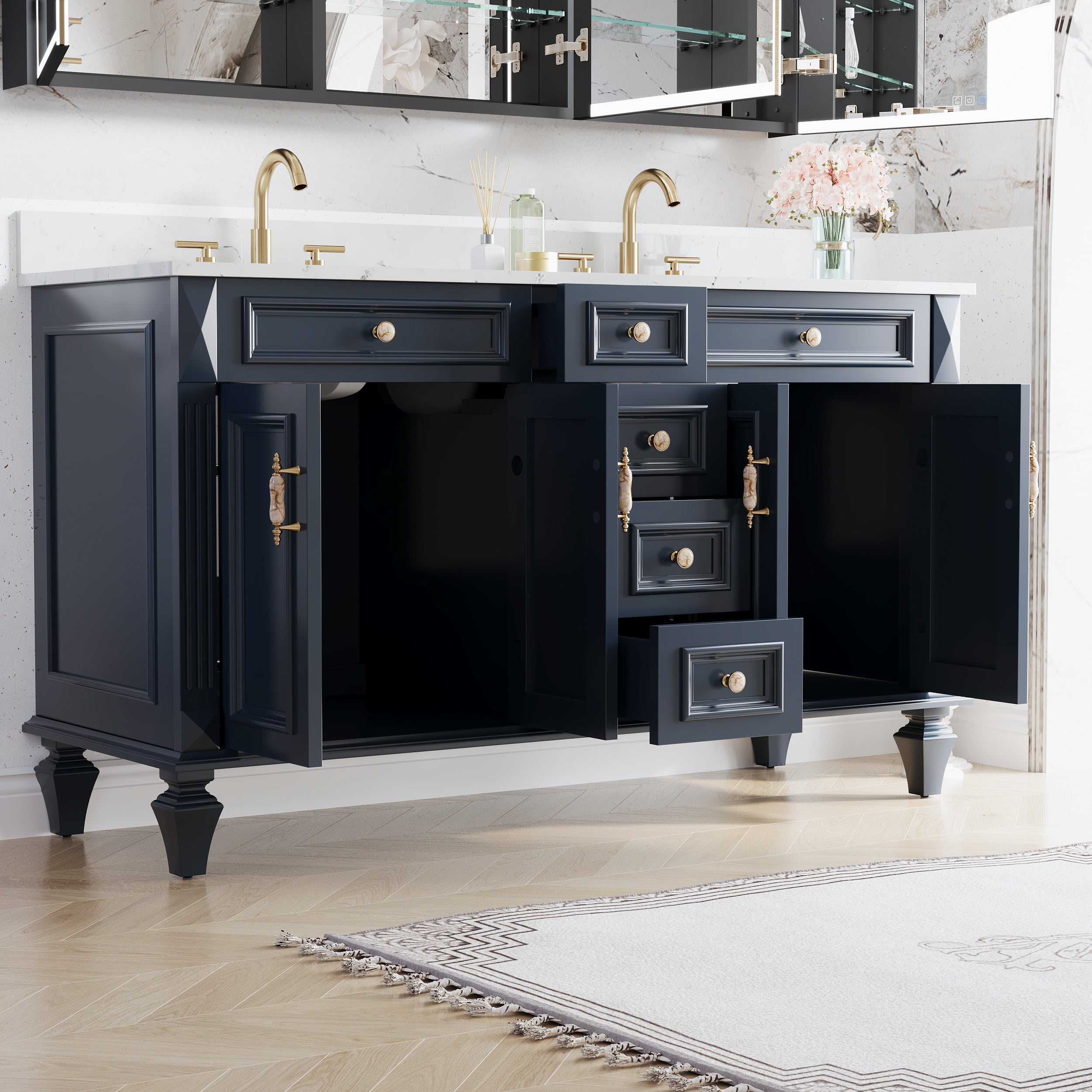 60" Navy Blue Solid Wood Bathroom Vanity & 60" LED Mirror Medicine Cabinet Combo