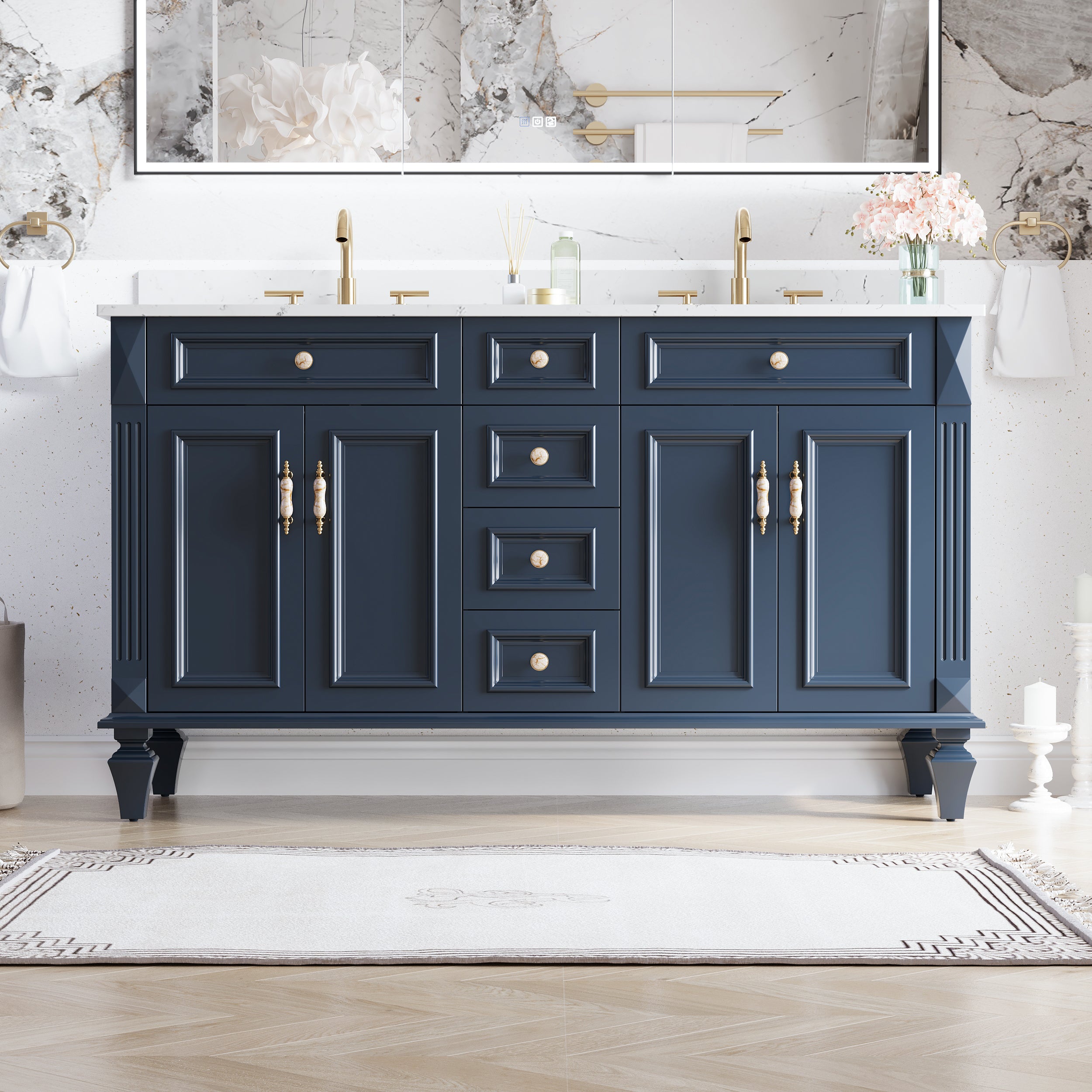 60" Navy Blue Solid Wood Bathroom Vanity & 60" LED Mirror Medicine Cabinet Combo