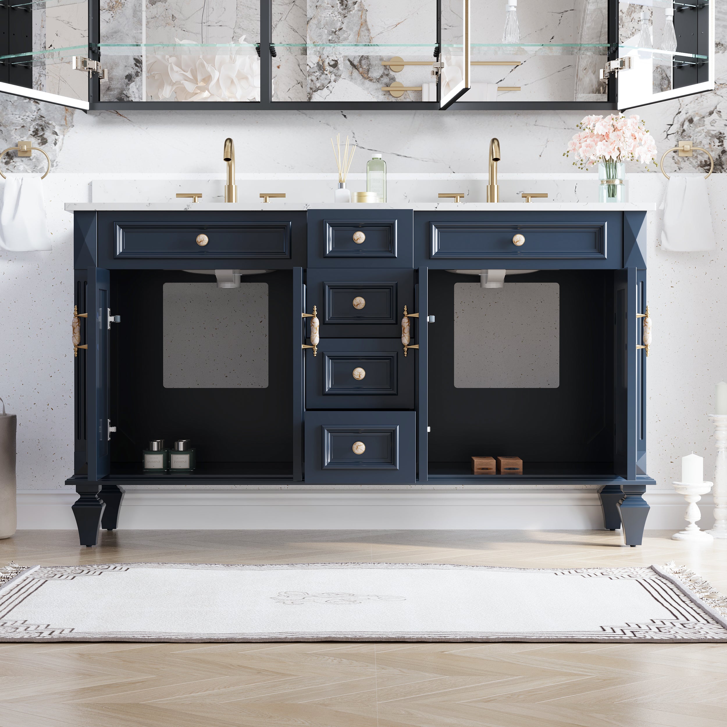 60" Navy Blue Solid Wood Bathroom Vanity & 60" LED Mirror Medicine Cabinet Combo