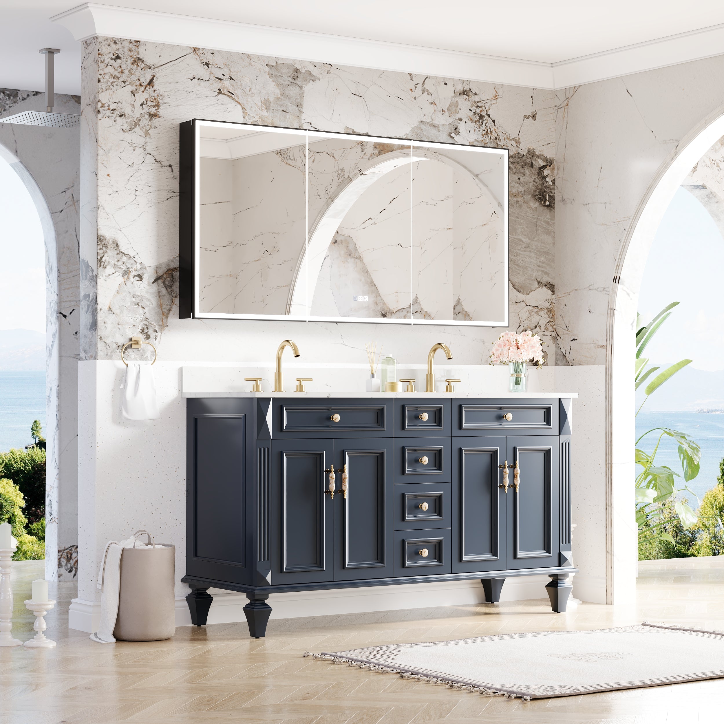 60" Navy Blue Solid Wood Bathroom Vanity & 60" LED Mirror Medicine Cabinet Combo