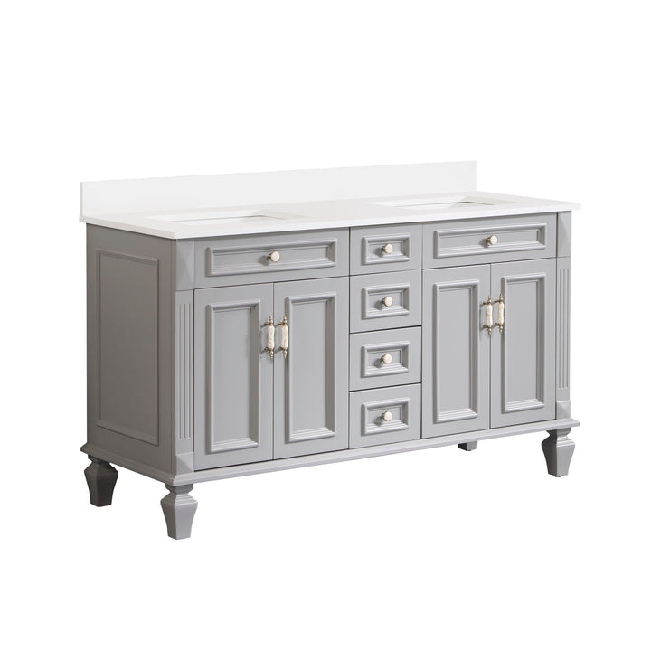 60" Titanium Grey Freestanding Solid Wood Bathroom Vanity Storage Organizer with Carrara White Quartz Countertop
