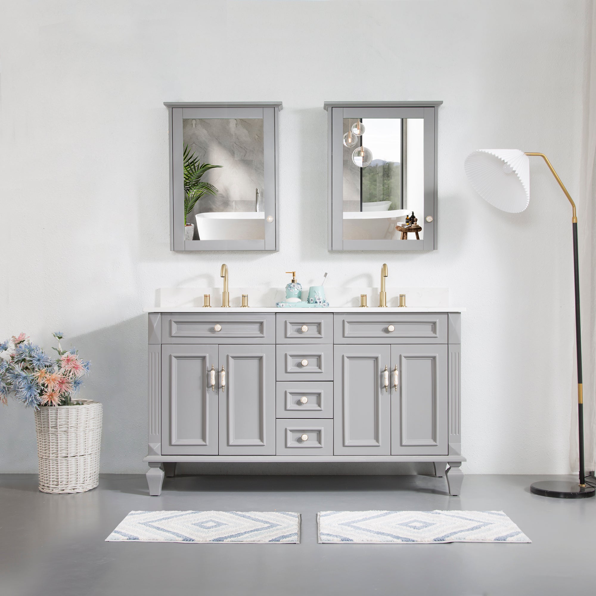 60 in. Titanium Grey Freestanding Solid Wood Bathroom Vanity Storage Organizer with Carrara White Quartz Countertop