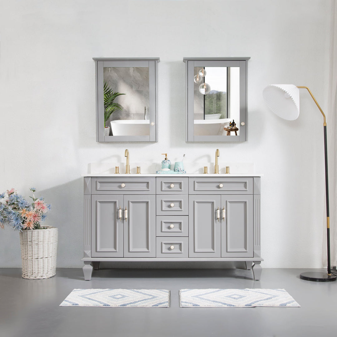 60" Titanium Grey Freestanding Solid Wood Bathroom Vanity Storage Organizer with Carrara White Quartz Countertop