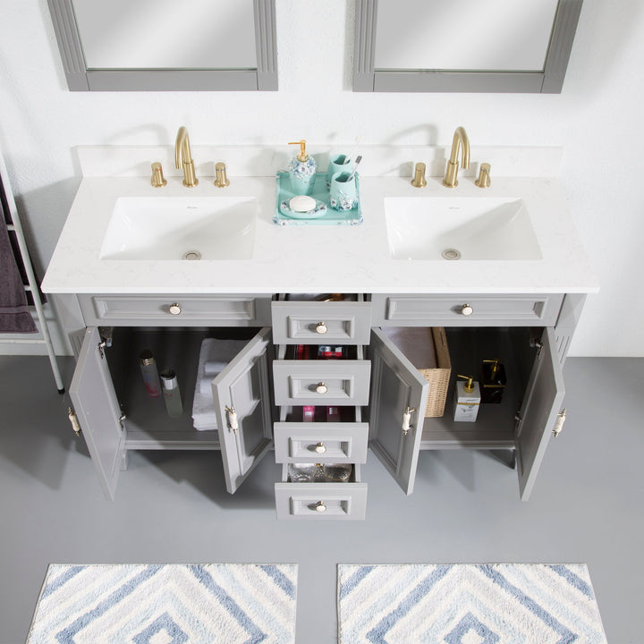 60" Titanium Grey Freestanding Solid Wood Bathroom Vanity Storage Organizer with Carrara White Quartz Countertop