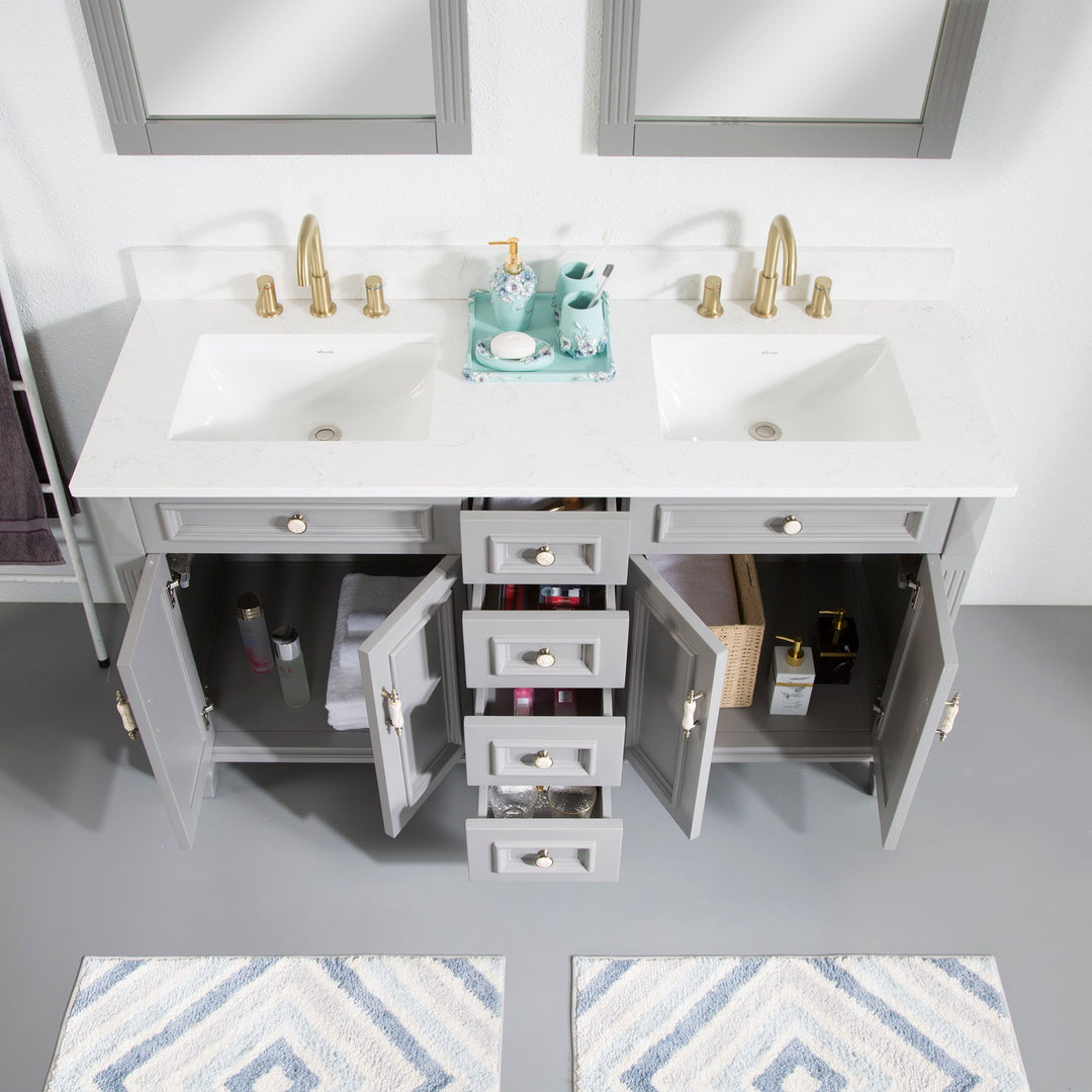 60" Titanium Grey Freestanding Solid Wood Bathroom Vanity Storage Organizer with Carrara White Quartz Countertop