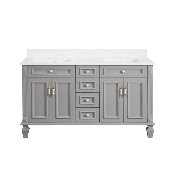60" Titanium Grey Freestanding Solid Wood Bathroom Vanity Storage Organizer with Carrara White Quartz Countertop