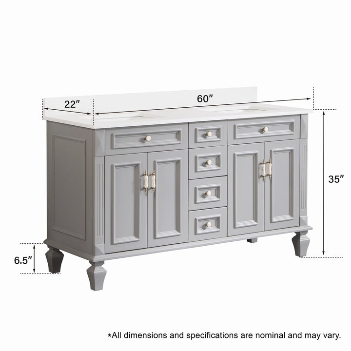 60" Titanium Grey Freestanding Solid Wood Bathroom Vanity Storage Organizer with Carrara White Quartz Countertop