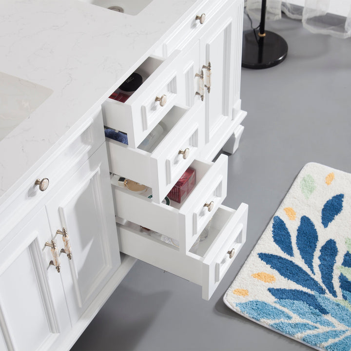 60" White Freestanding Solid Wood Bathroom Vanity Storage Organizer with Carrara White Quartz Countertop