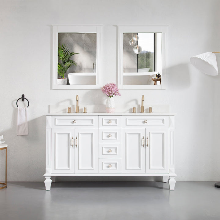 60" White Freestanding Solid Wood Bathroom Vanity Storage Organizer with Carrara White Quartz Countertop