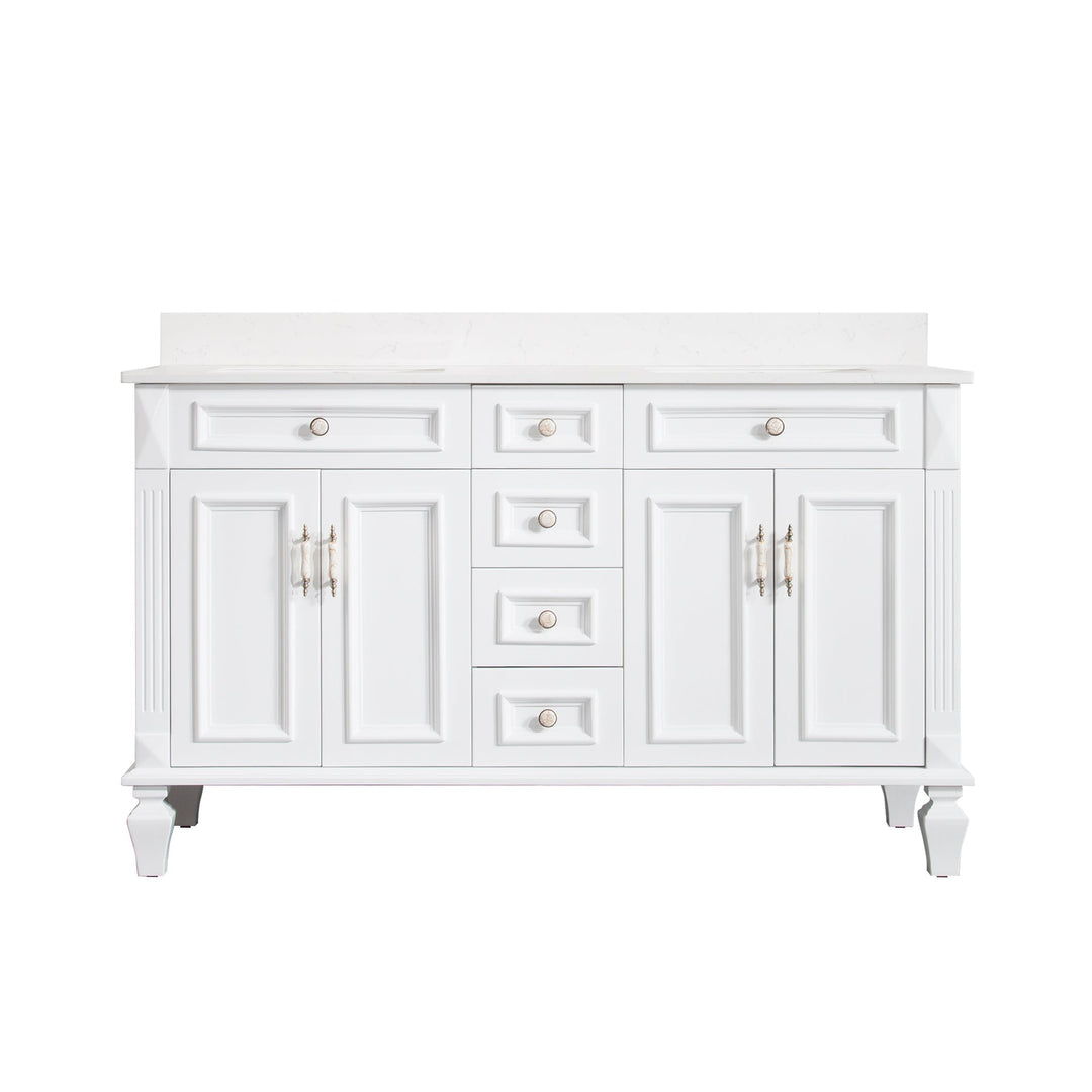 60" White Freestanding Solid Wood Bathroom Vanity Storage Organizer with Carrara White Quartz Countertop