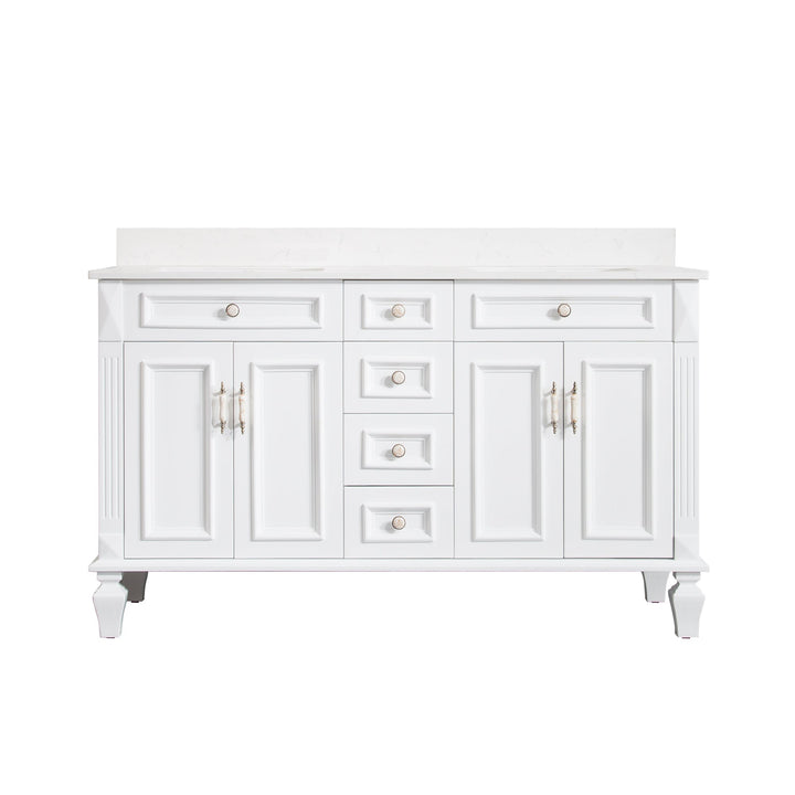 60" White Freestanding Solid Wood Bathroom Vanity Storage Organizer with Carrara White Quartz Countertop