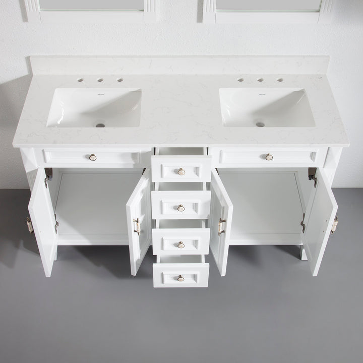 60" White Freestanding Solid Wood Bathroom Vanity Storage Organizer with Carrara White Quartz Countertop