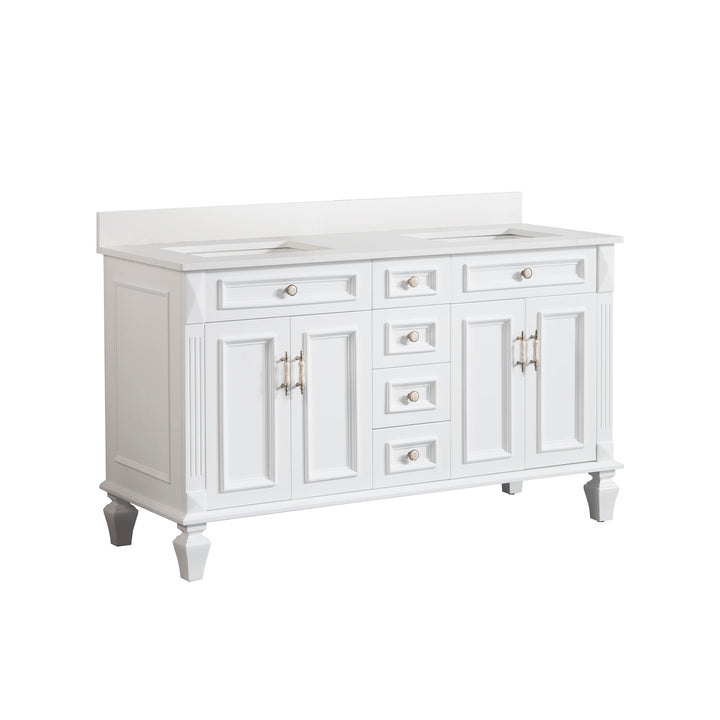 60 in. White Freestanding Solid Wood Bathroom Vanity Storage Organizer with Carrara White Quartz Countertop