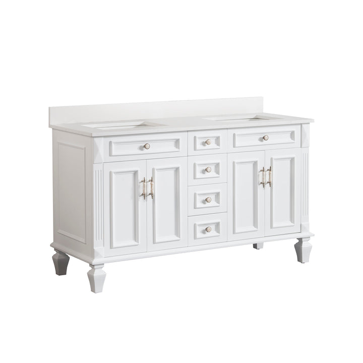 60" White Freestanding Solid Wood Bathroom Vanity Storage Organizer with Carrara White Quartz Countertop