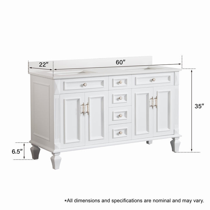 60" White Freestanding Solid Wood Bathroom Vanity Storage Organizer with Carrara White Quartz Countertop