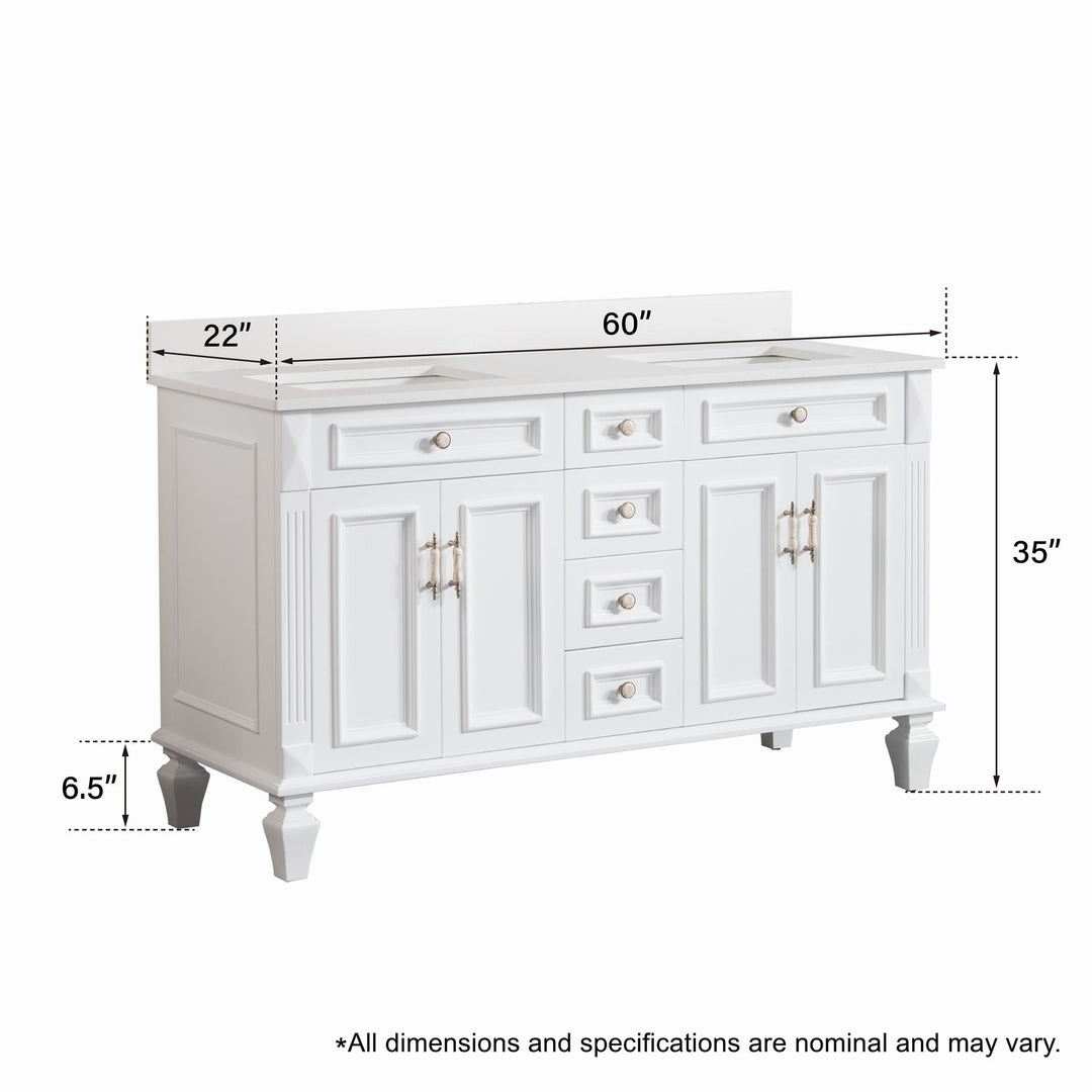 60 in. White Freestanding Solid Wood Bathroom Vanity Storage Organizer with Carrara White Quartz Countertop