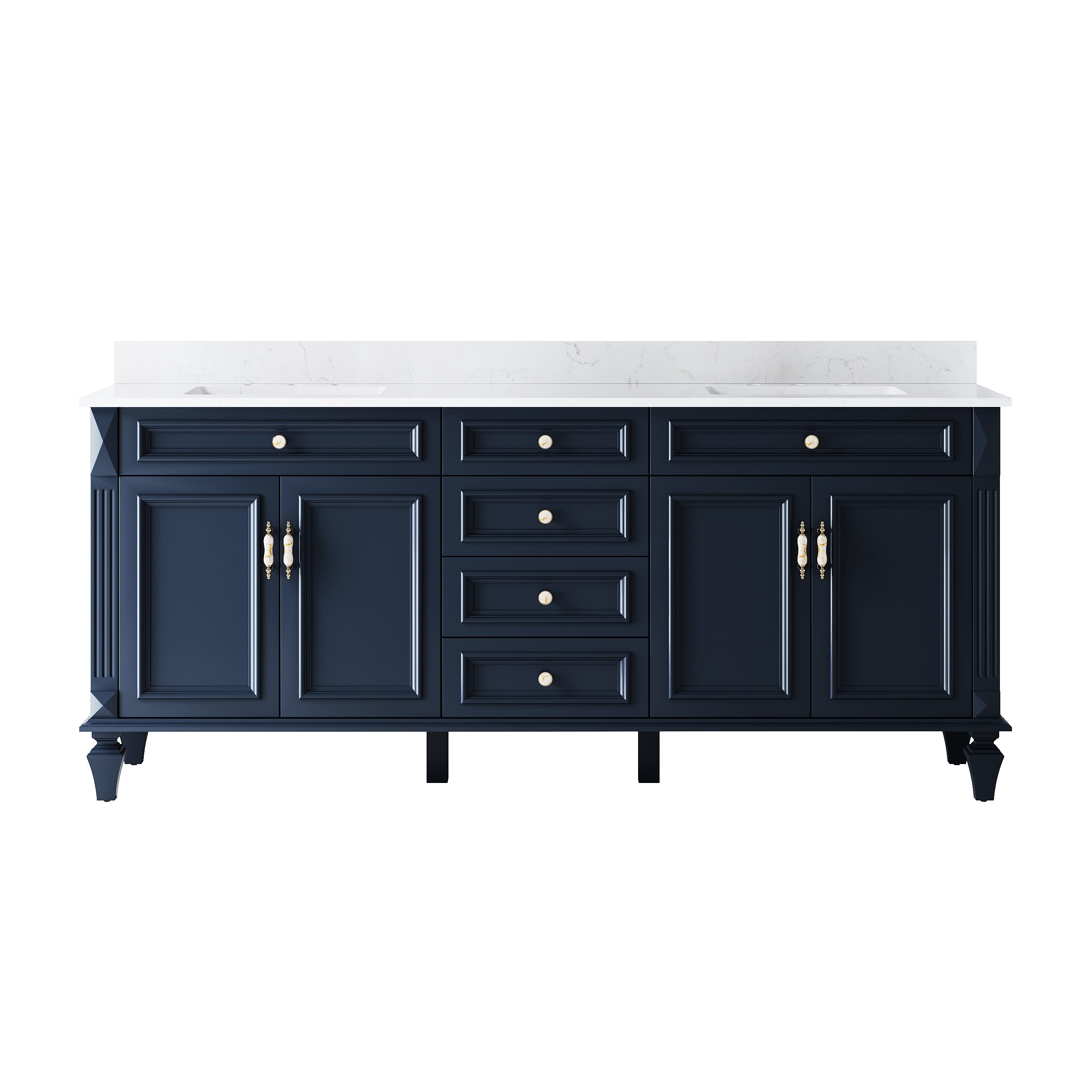 80 in. Freestanding Solid Wood Bathroom Vanity with Carrara White Quartz Countertop, Navy Blue