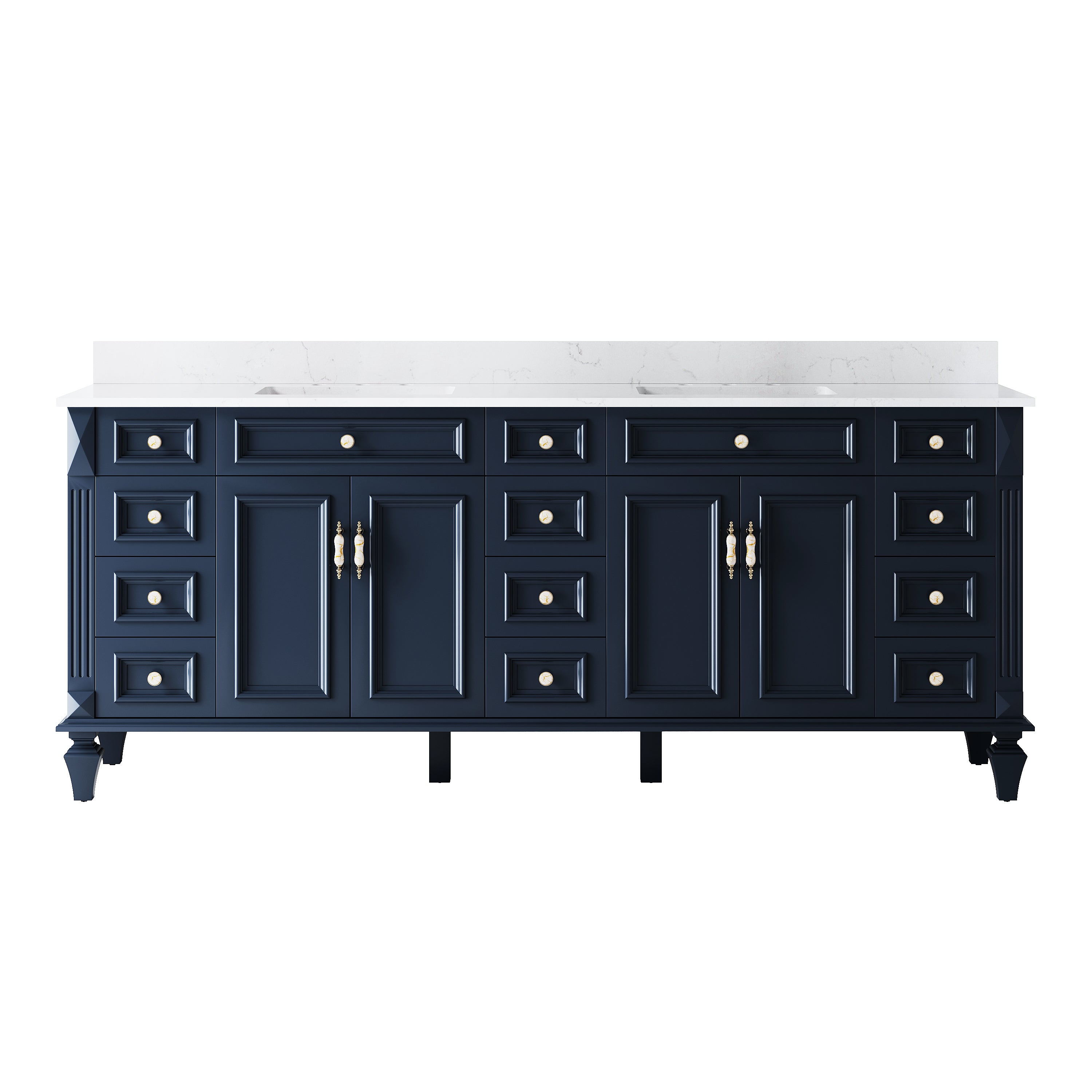84 in. Freestanding Solid Wood Bathroom Vanity with Carrara White Quartz Countertop, Navy Blue