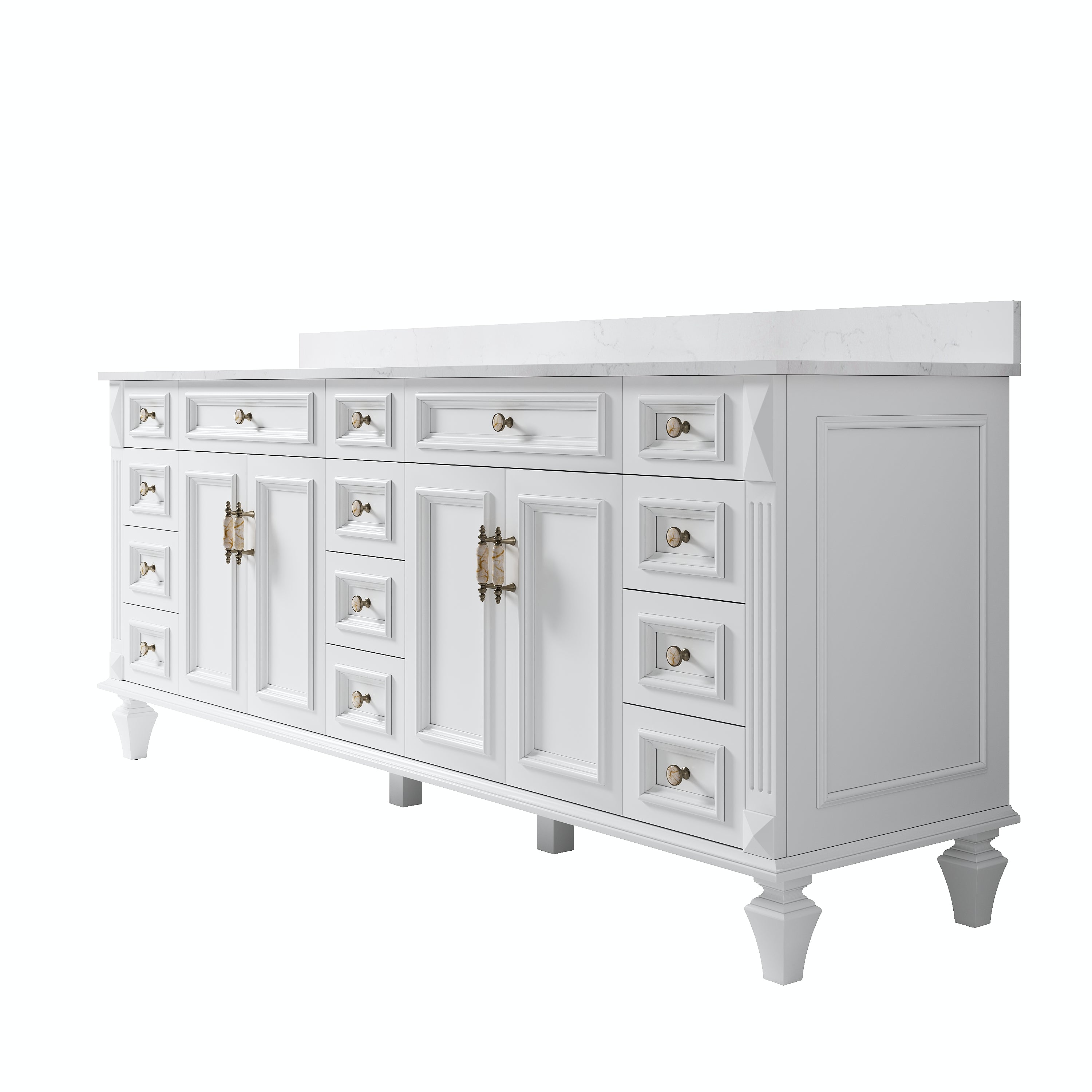 84 in. Freestanding Solid Wood Bathroom Vanity with Carrara White Quartz Countertop, White