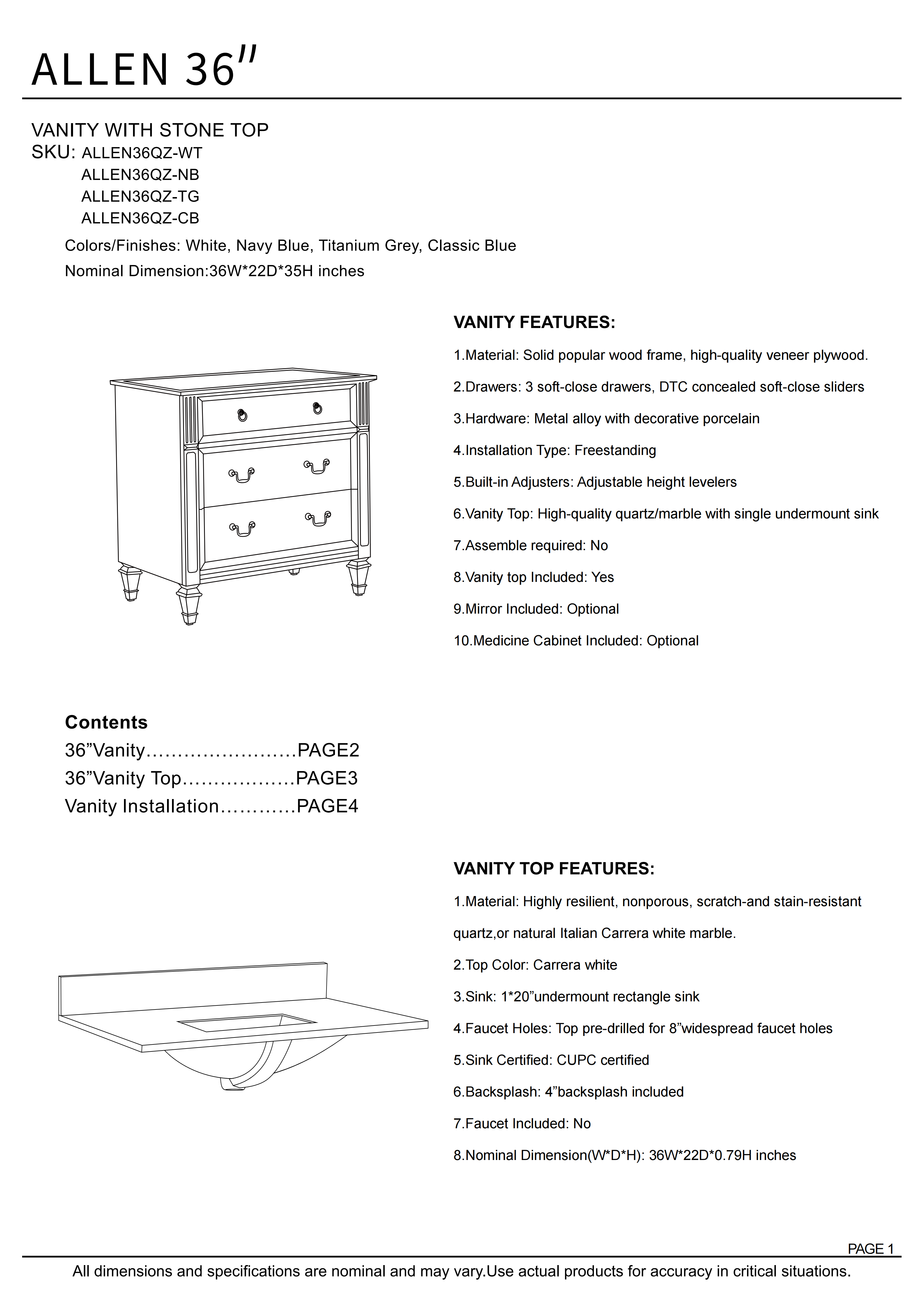 36" Navy Blue Single Sink Bathroom Vanity Solid Wood Frame with Carrara White Quartz Top