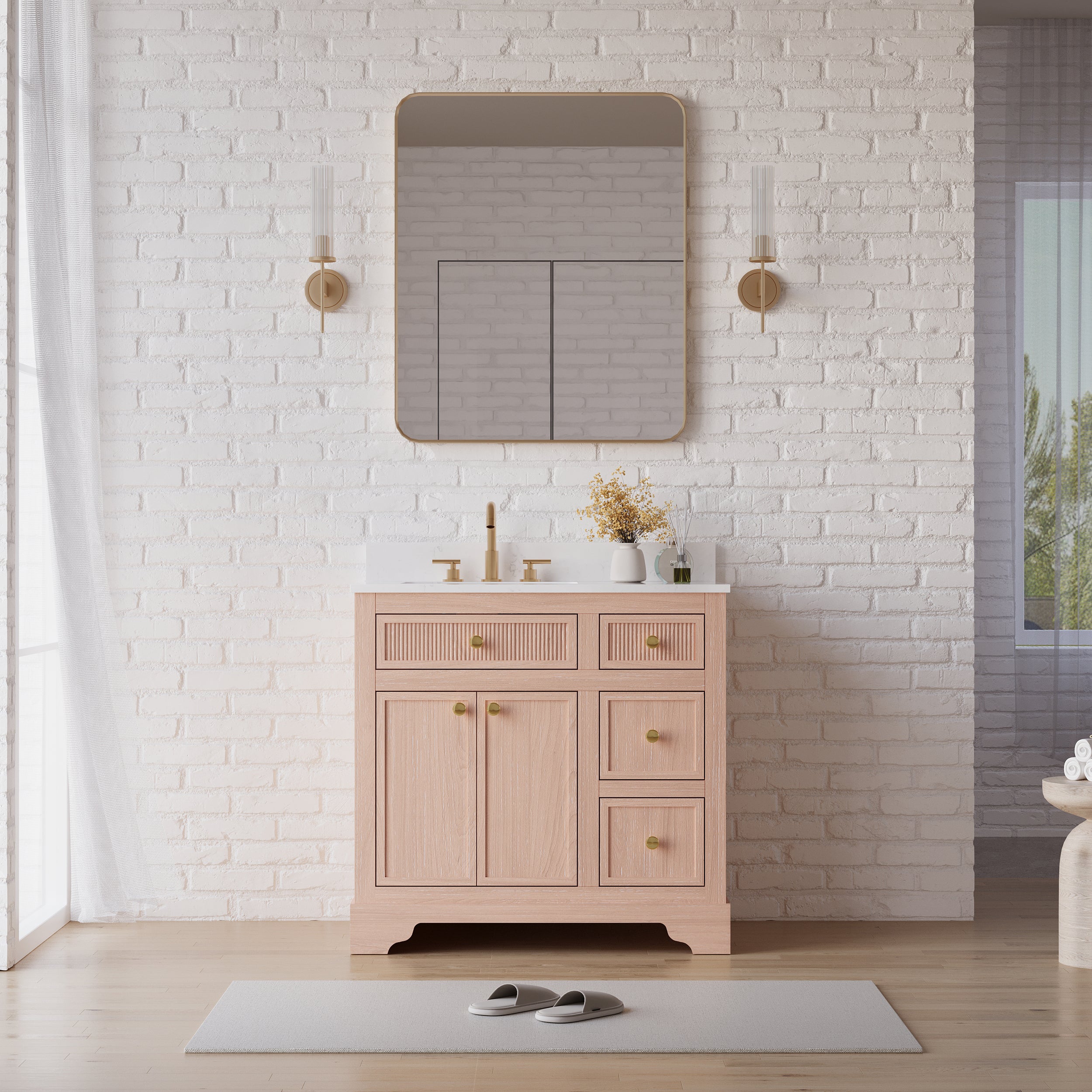 36-Inch Freestanding Bathroom Vanity with Carrera White Top Sink-LIGHT WOOD