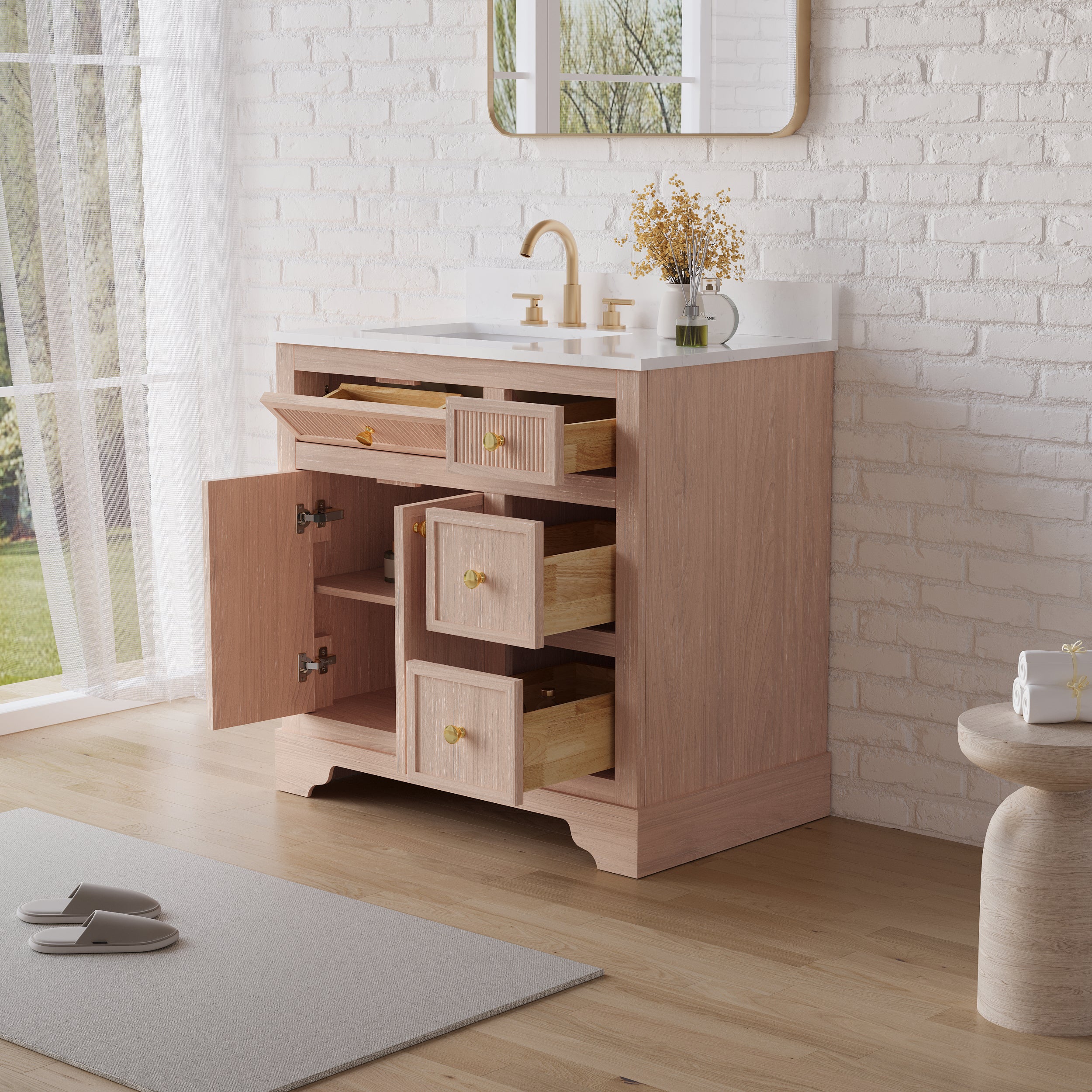 36-Inch Freestanding Bathroom Vanity with Carrera White Top Sink-LIGHT WOOD