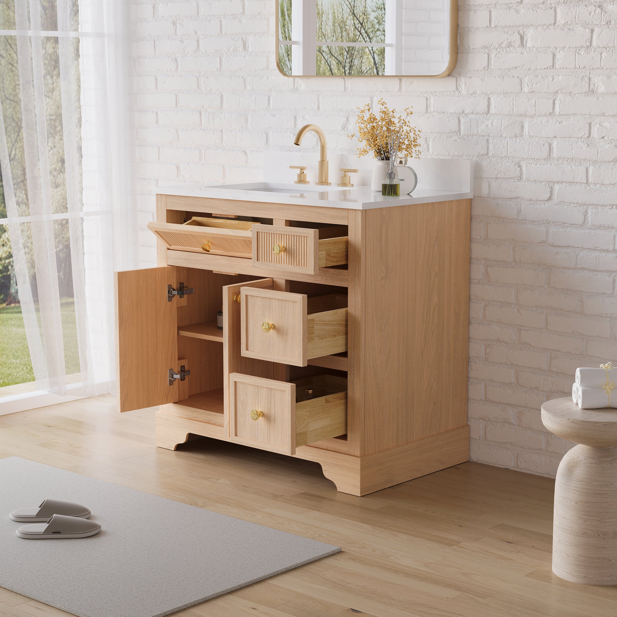 36-Inch Freestanding Bathroom Vanity with Carrara White Quartz Top Sink