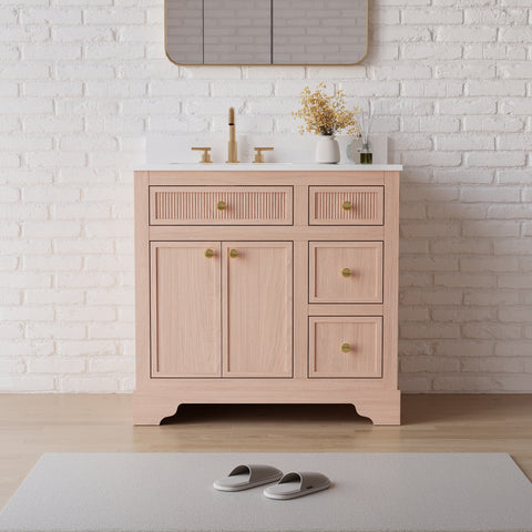 36-Inch Freestanding Bathroom Vanity with Carrara White Top Sink-LIGHT WOOD