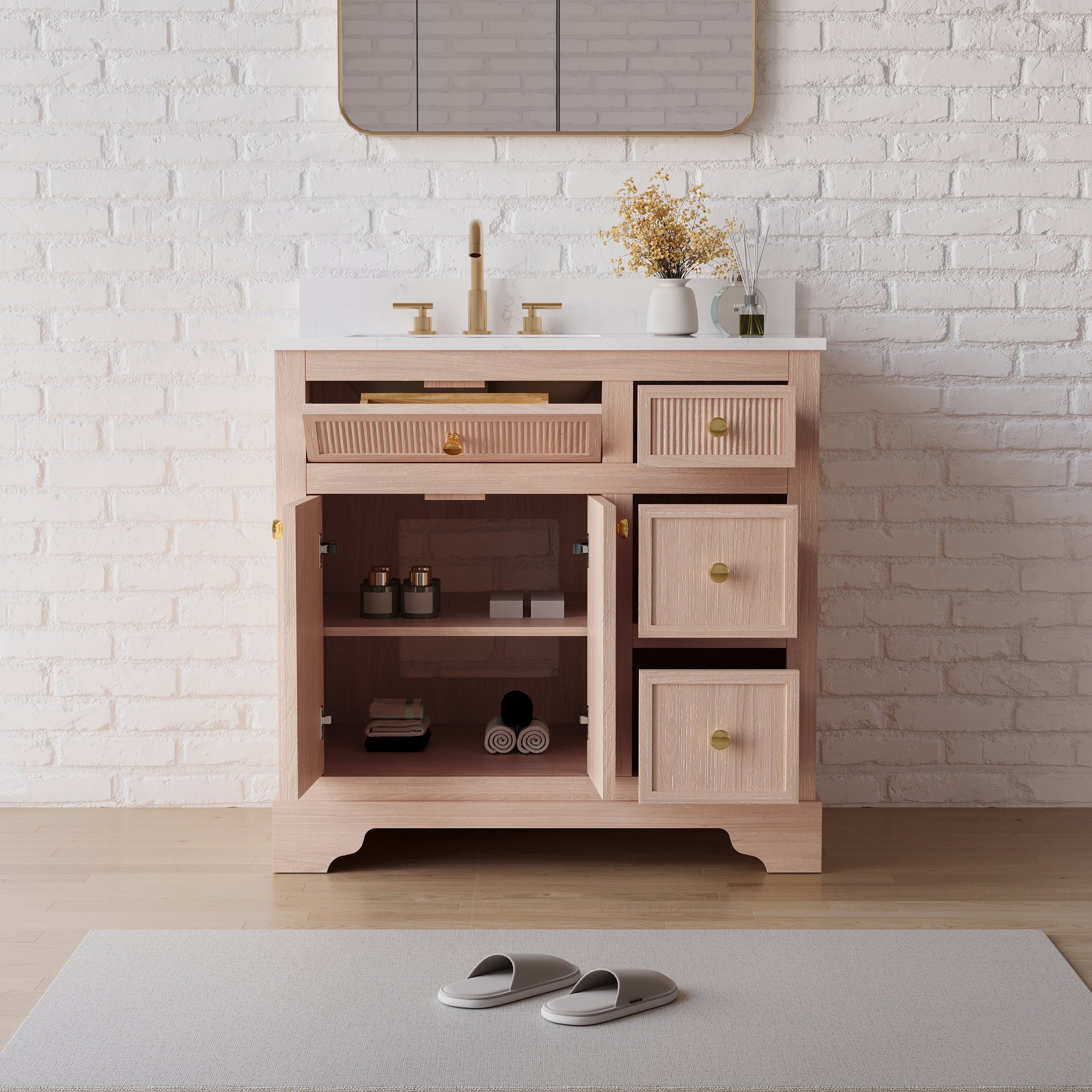 36-Inch Freestanding Bathroom Vanity with Carrera White Top Sink-LIGHT WOOD