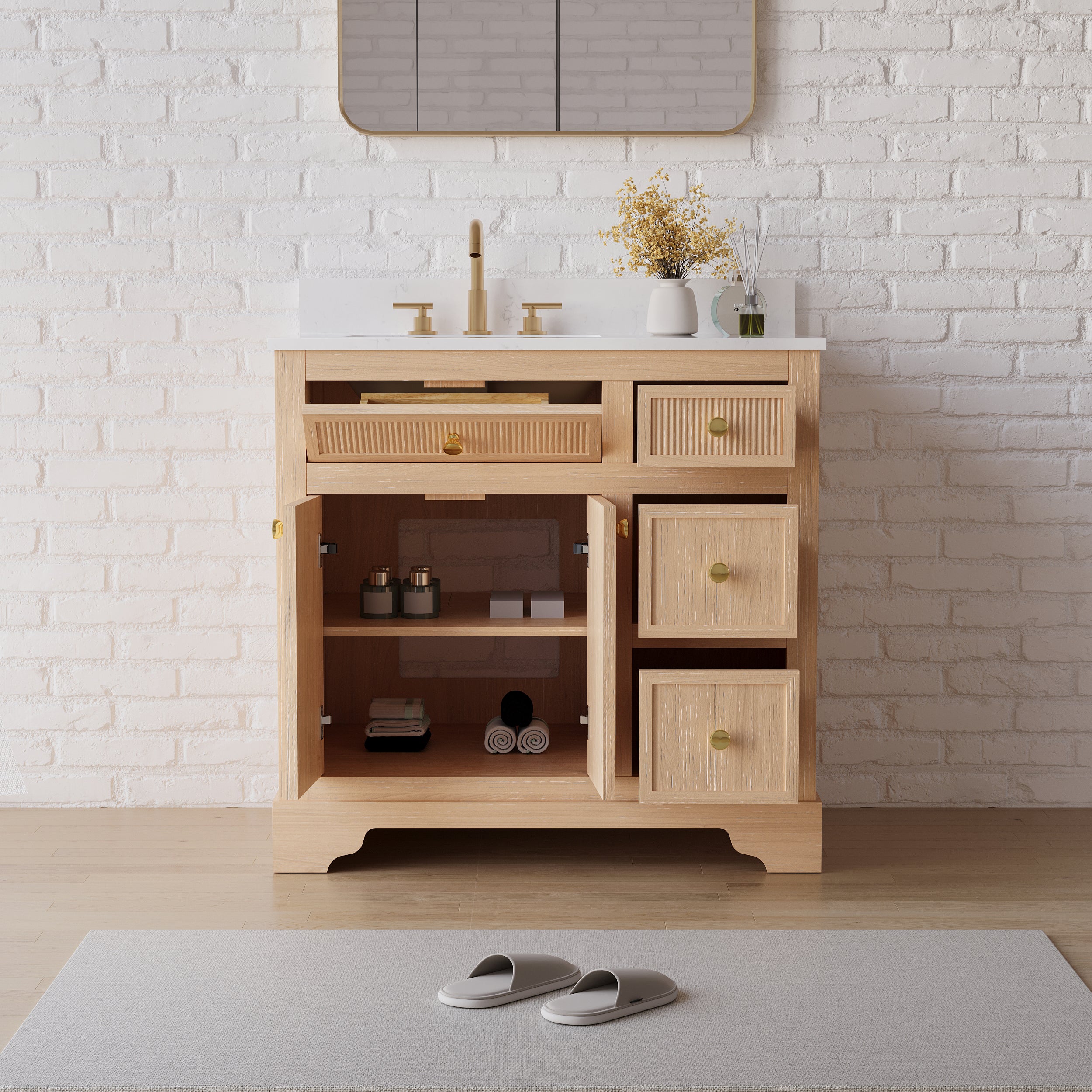 36-Inch Freestanding Bathroom Vanity with Carrara White Quartz Top Sink