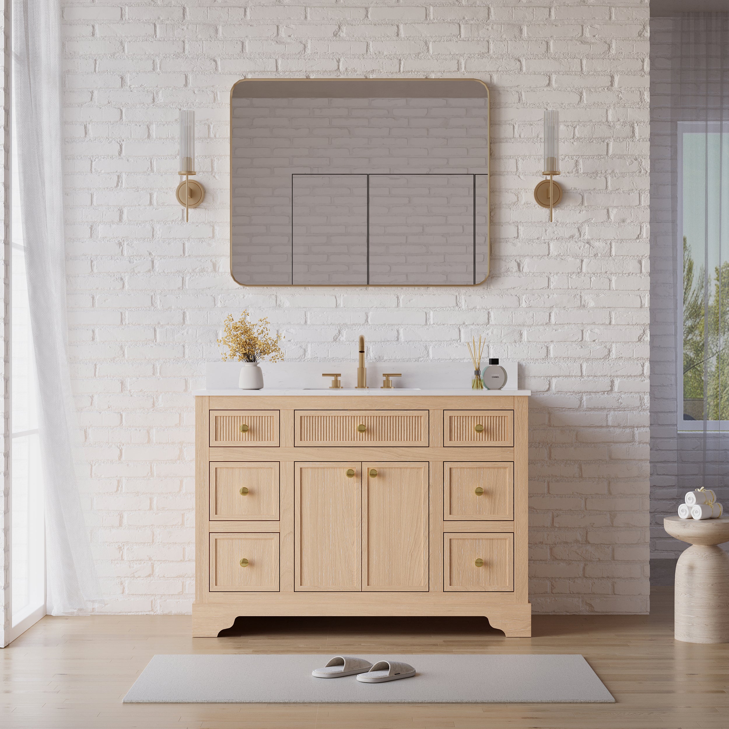 48-Inch Light Wood Freestanding Bathroom Vanity with Carrara White Quartz Top Sink