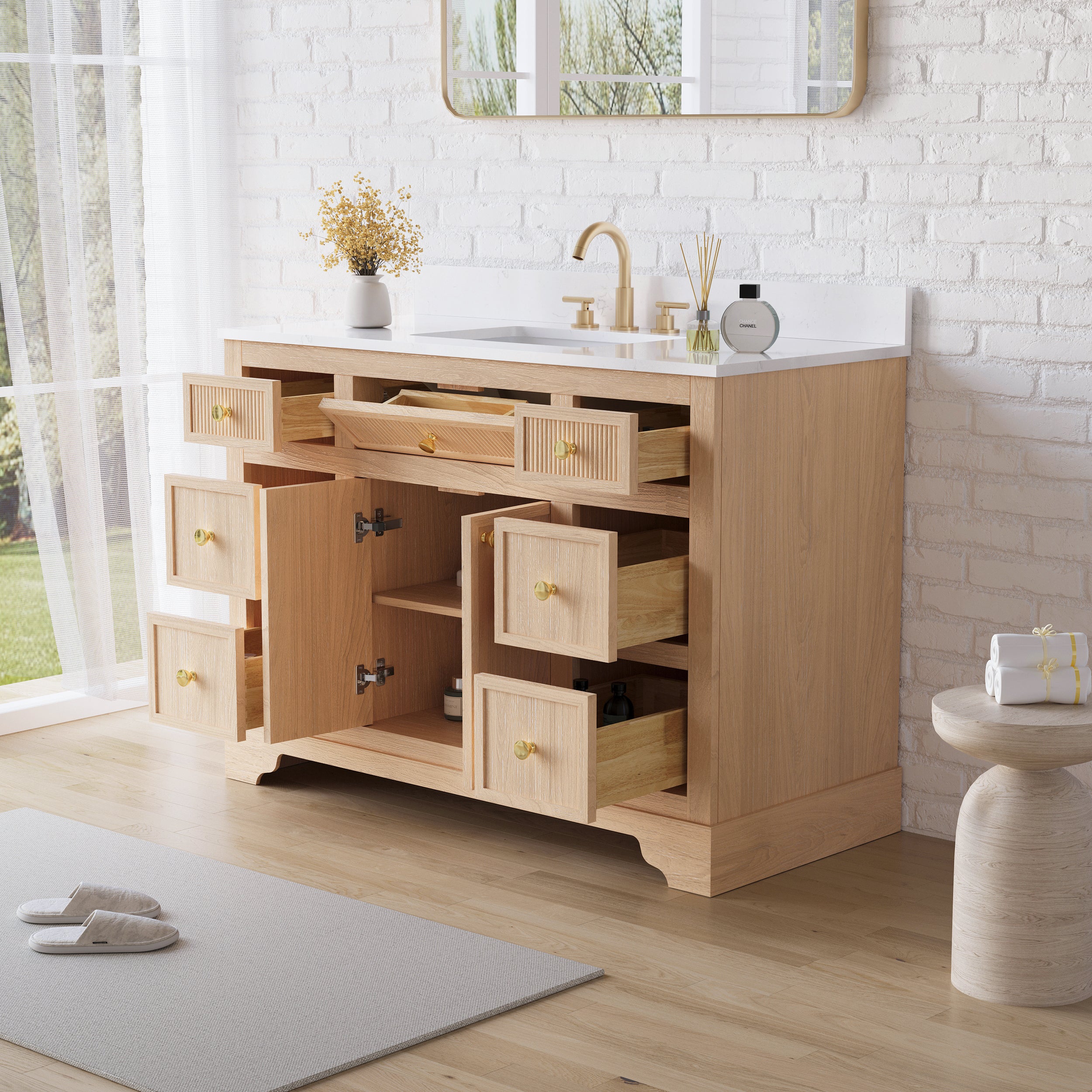 48-Inch Light Wood Freestanding Bathroom Vanity with Carrara White Quartz Top Sink