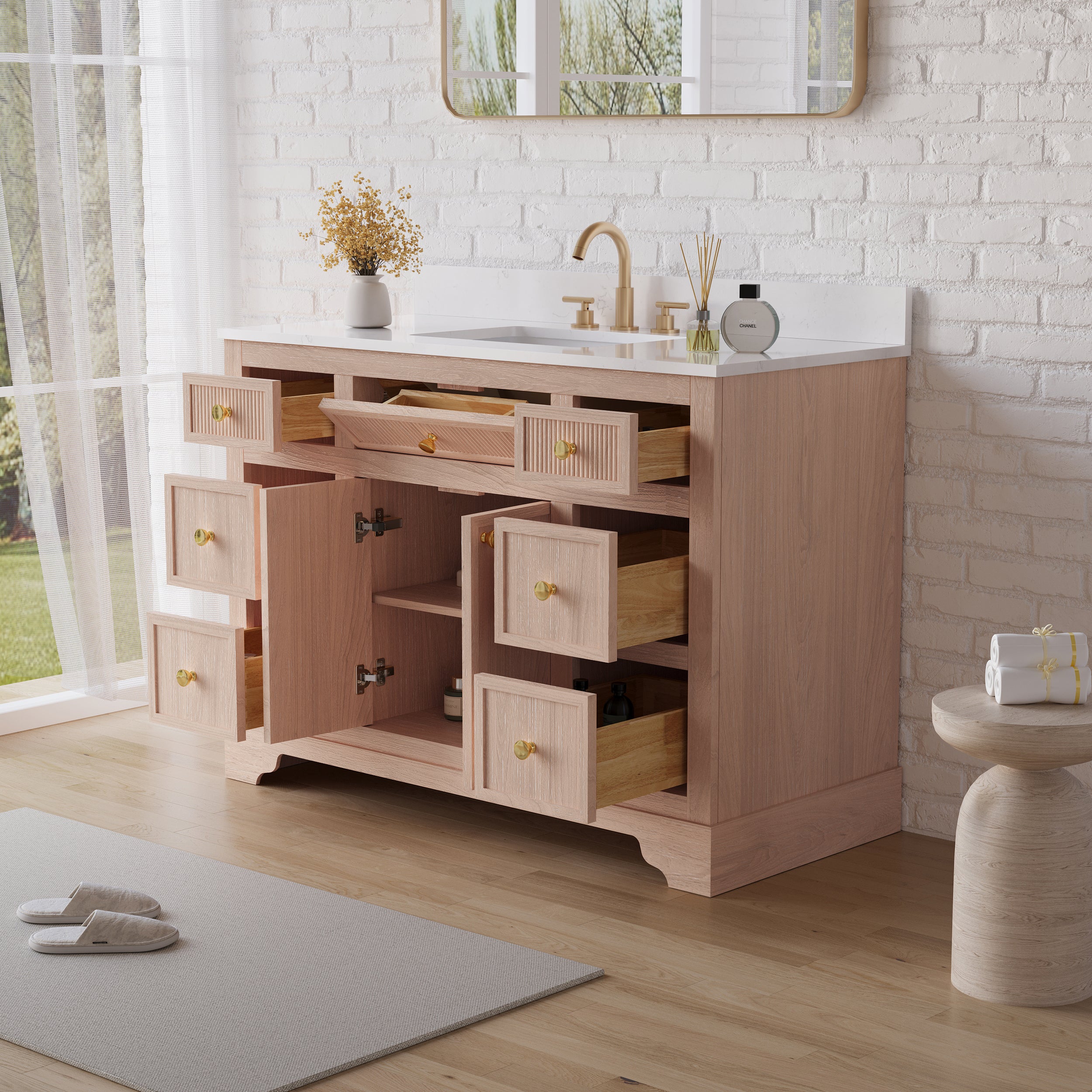 48-Inch Light Wood Freestanding Bathroom Vanity with Carrera White Top Sink
