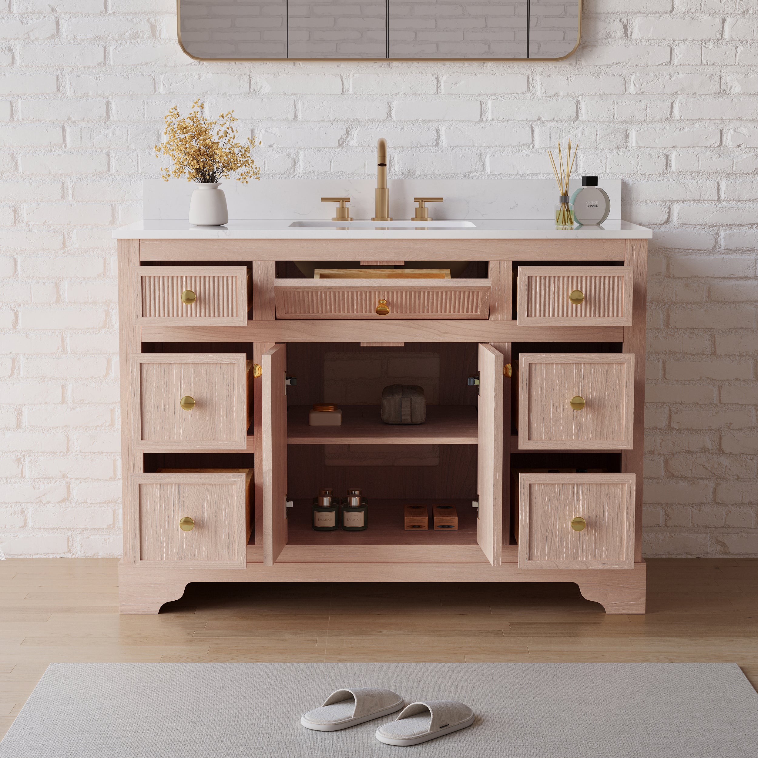 48-Inch Light Wood Freestanding Bathroom Vanity with Carrera White Top Sink