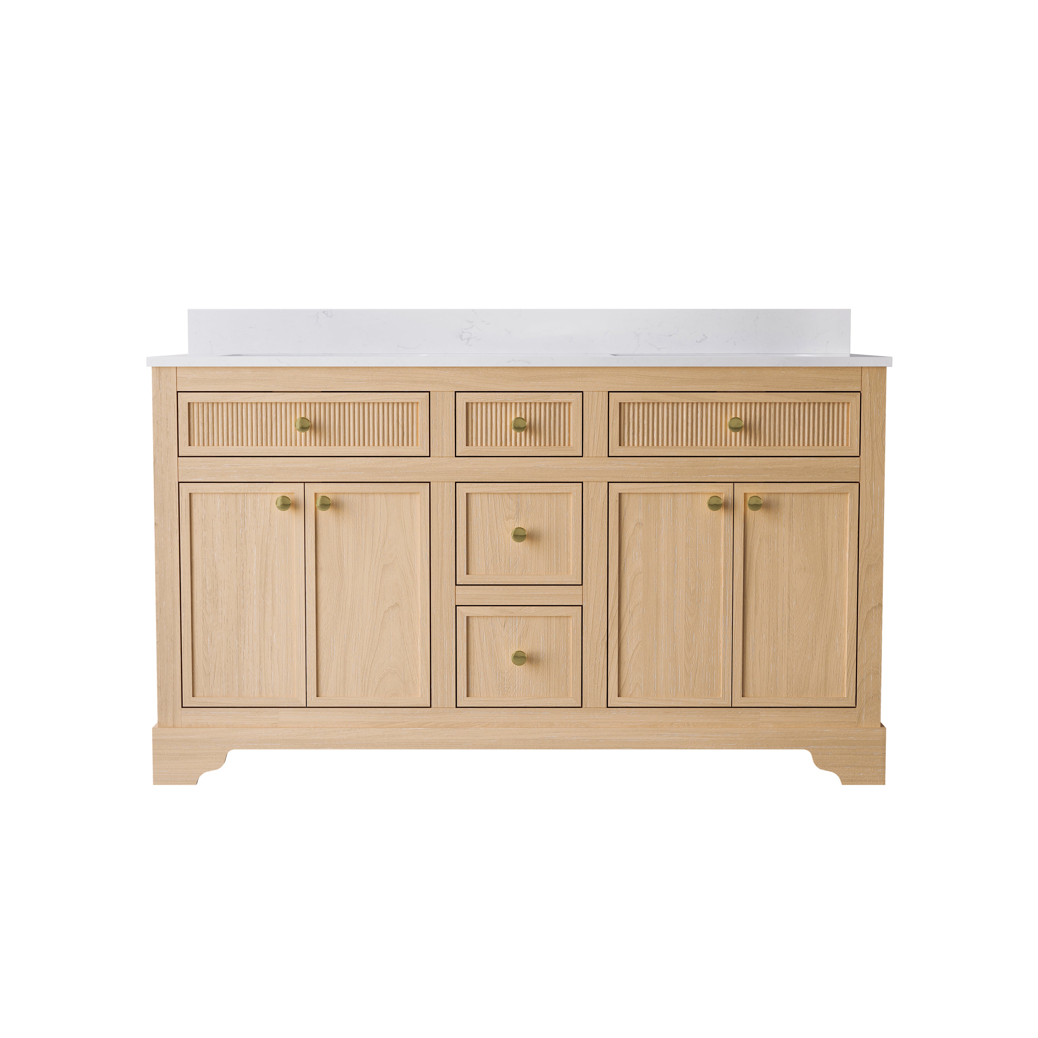 60-Inch Light Wood Freestanding Bathroom Vanity with Carrara White Quartz Top Double Sinks