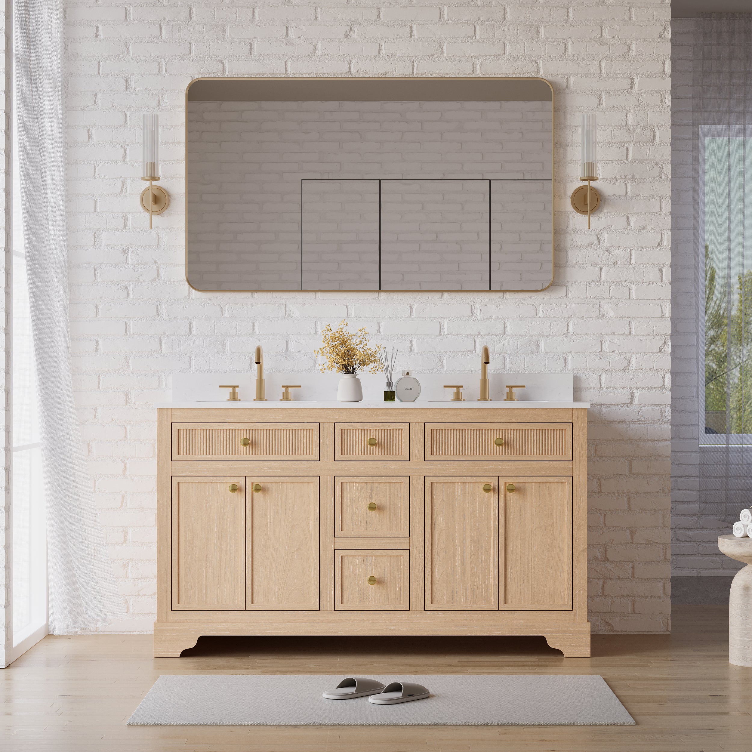 60-Inch Light Wood Freestanding Bathroom Vanity with Carrara White Quartz Top Double Sinks